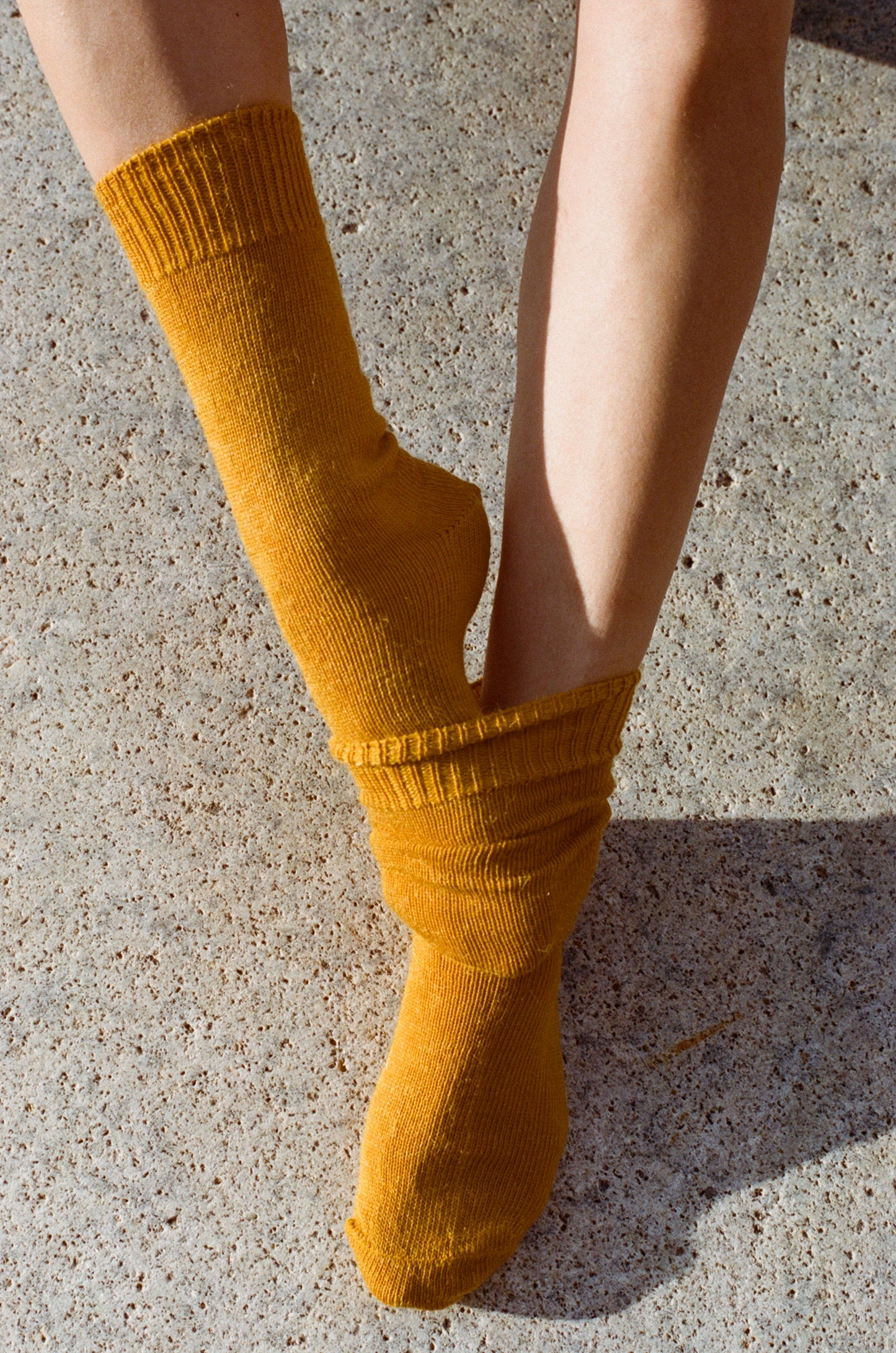 yellow mohair socks on model